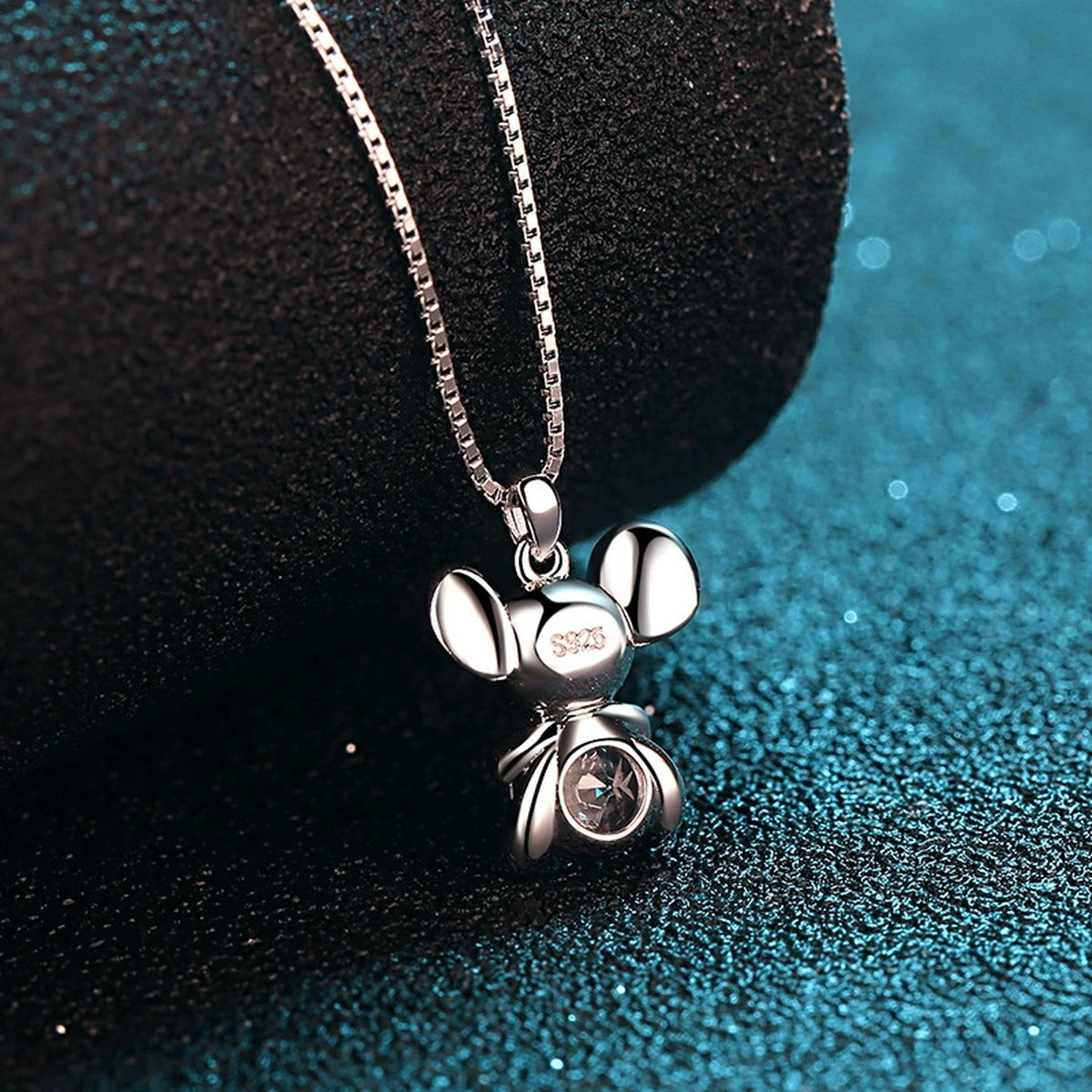 Mouse Moissanite Pendant Necklace in Rhodium-Plated S925 sterling silver product scene view showing pendant detail
