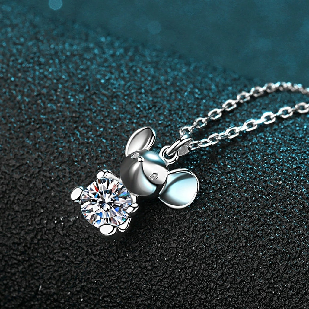 Mouse Moissanite Pendant Necklace in Rhodium-Plated S925 sterling silver product scene view showing chain and setting detail