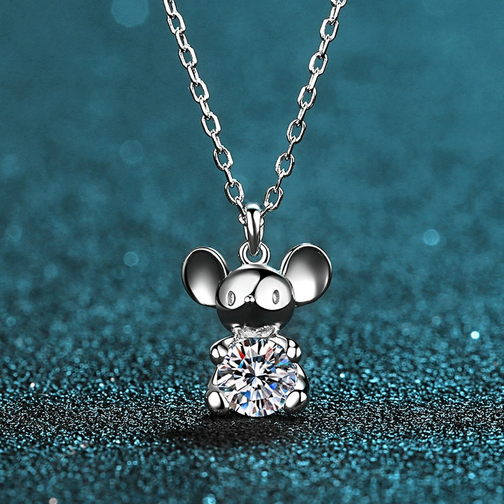 Mouse Moissanite Pendant Necklace in Rhodium-Plated S925 sterling silver product scene view showing angled sparkle