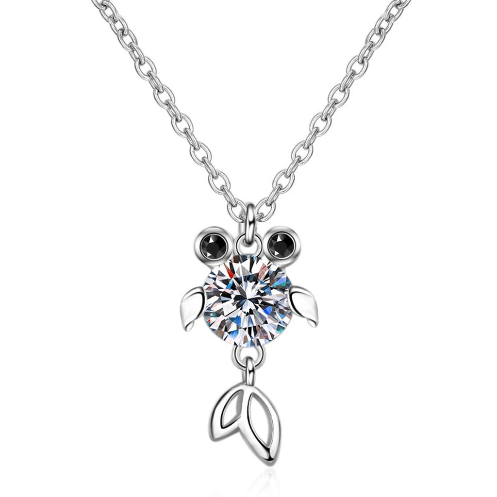 Fish Moissanite Pendant Necklace with CZ in Rhodium-Plated S925 sterling silver on white background showing pendant shape and round moissanite