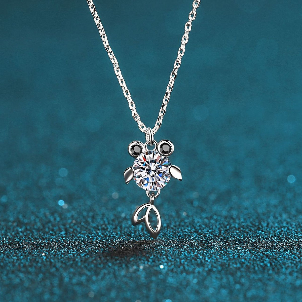 Fish Moissanite Pendant Necklace with CZ in Rhodium-Plated S925 sterling silver product scene view showing chain and setting detail
