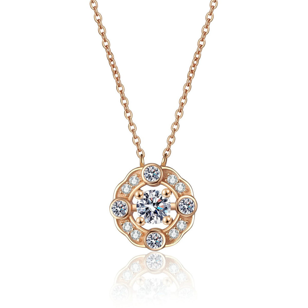 Round Halo Moissanite Pendant Necklace with CZ in Champion Gold-Plated S925 sterling silver white background product photo showing round halo pendant with CZ accents in champion gold
