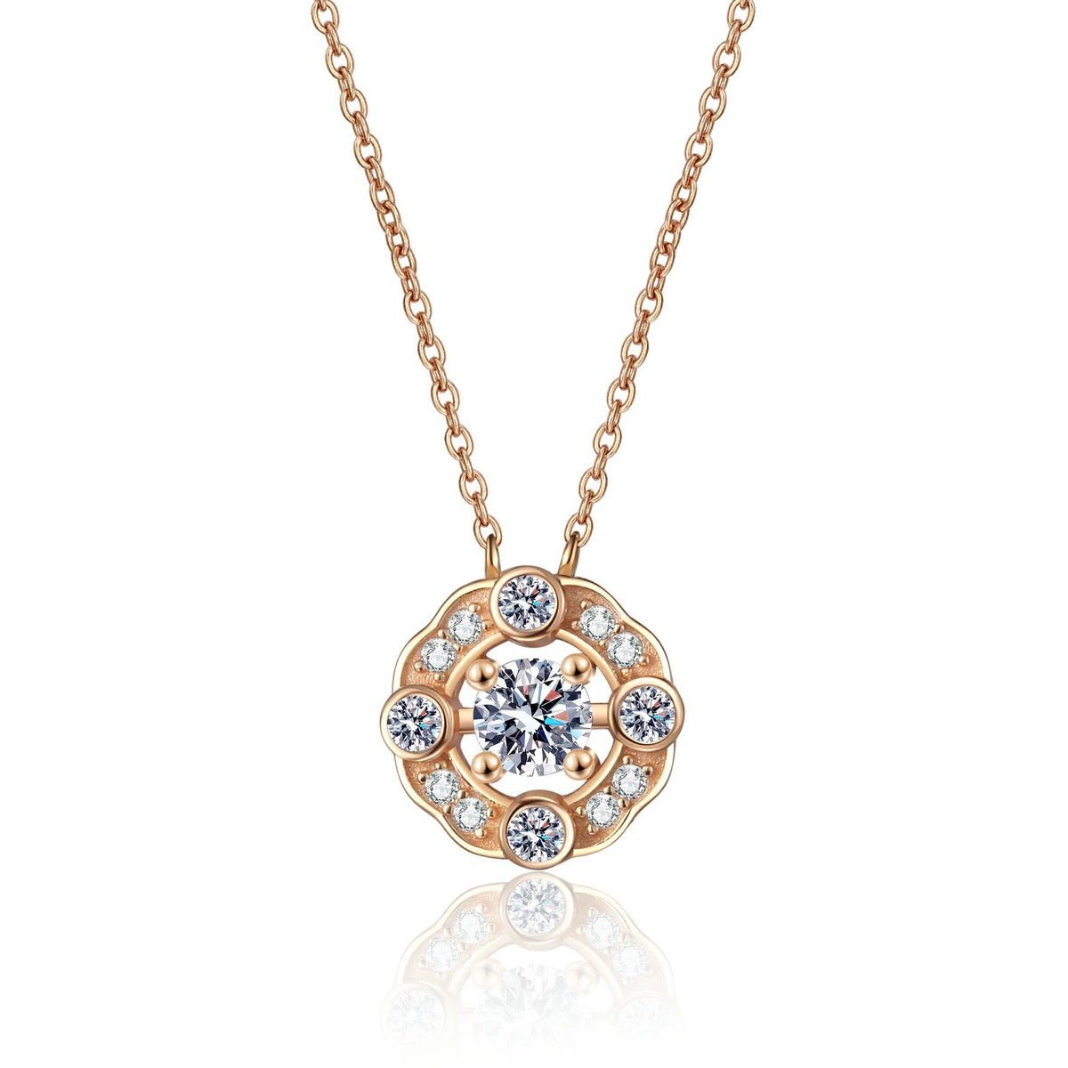 Round Halo Moissanite Pendant Necklace with CZ in Champion Gold-Plated S925 sterling silver white background product photo showing round halo pendant with CZ accents in champion gold