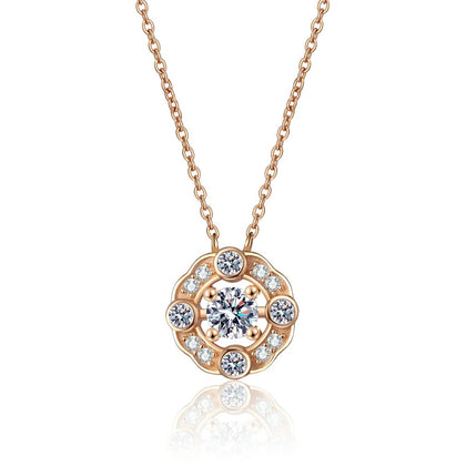 Round Halo Moissanite Pendant Necklace with CZ in Champion Gold-Plated S925 sterling silver white background product photo showing round halo pendant with CZ accents in champion gold