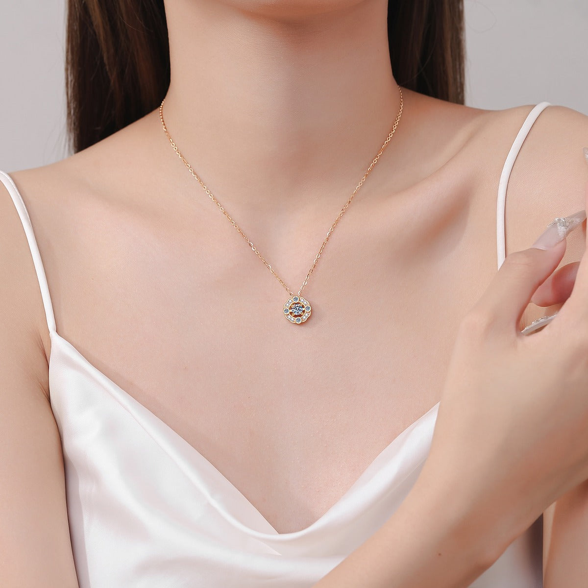 Round Halo Moissanite Pendant Necklace with CZ in Champion Gold-Plated S925 sterling silver neckline model view showing pendant scale and chain length