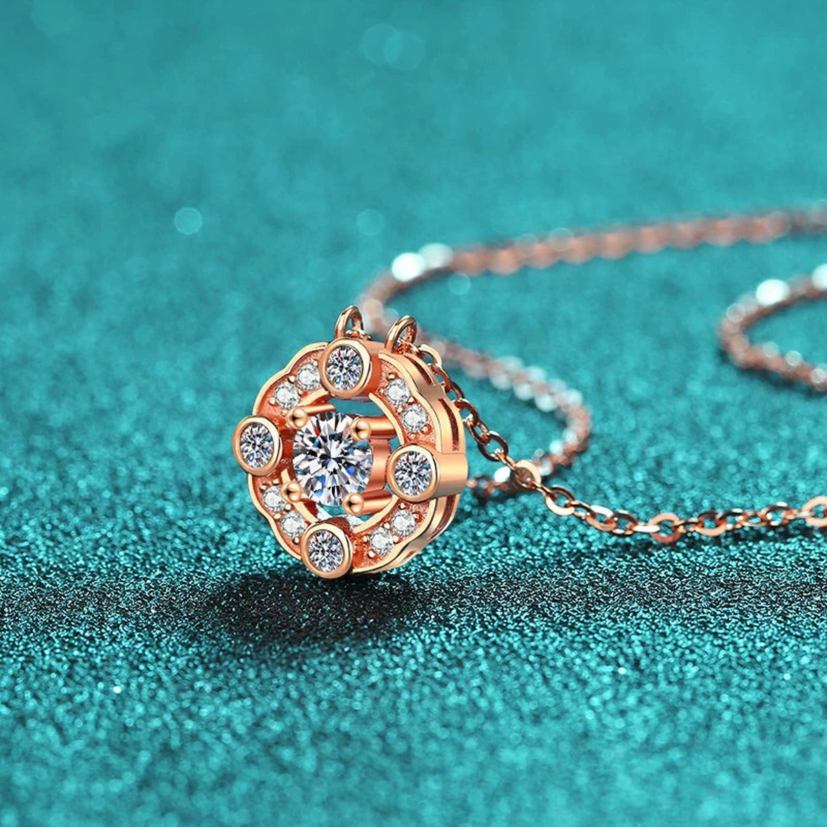 Round Halo Moissanite Pendant Necklace with CZ in Champion Gold-Plated S925 sterling silver close-up product scene showing pendant setting