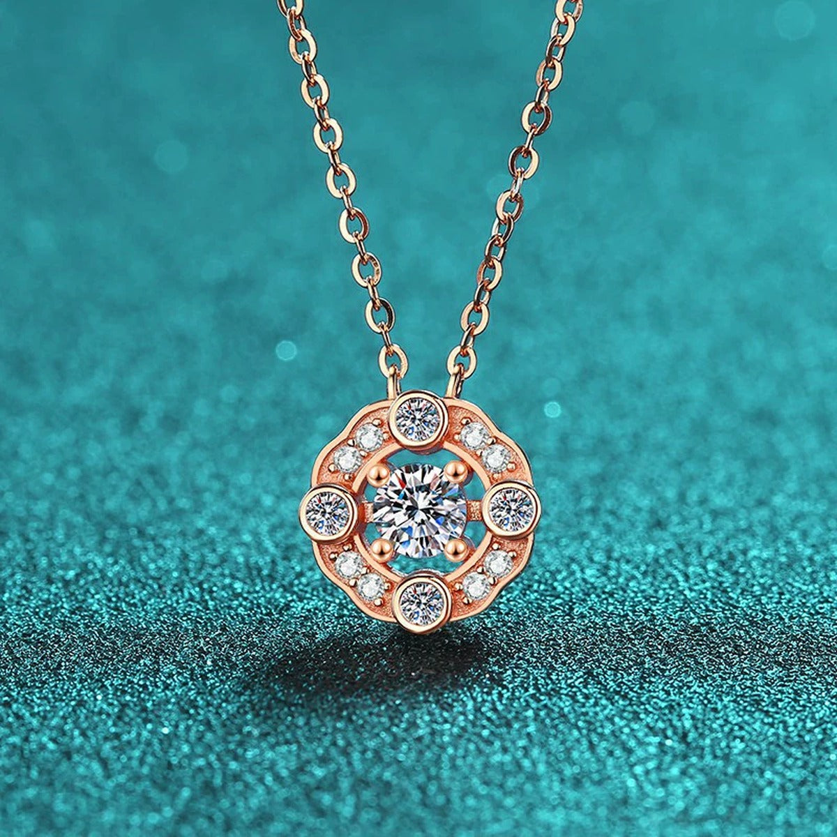 Round Halo Moissanite Pendant Necklace with CZ in Champion Gold-Plated S925 sterling silver display scene showing chain and stone layout