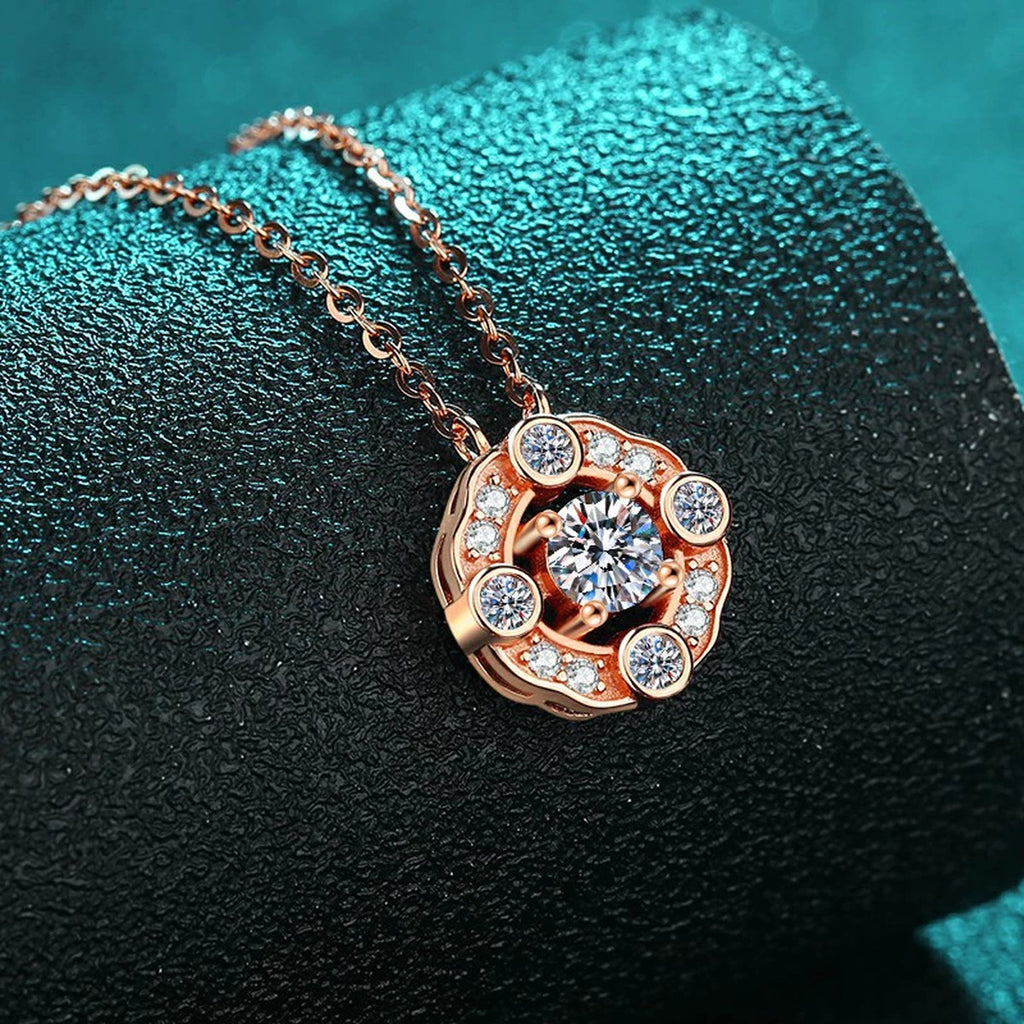 Round Halo Moissanite Pendant Necklace with CZ in Champion Gold-Plated S925 sterling silver angled product detail view