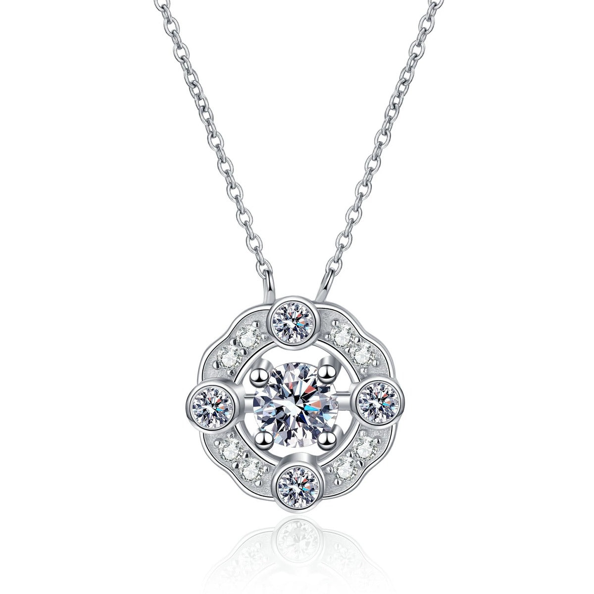 Round Halo Moissanite Pendant Necklace with CZ in Rhodium-Plated S925 sterling silver white background product photo showing round halo pendant with CZ accents in rhodium plating