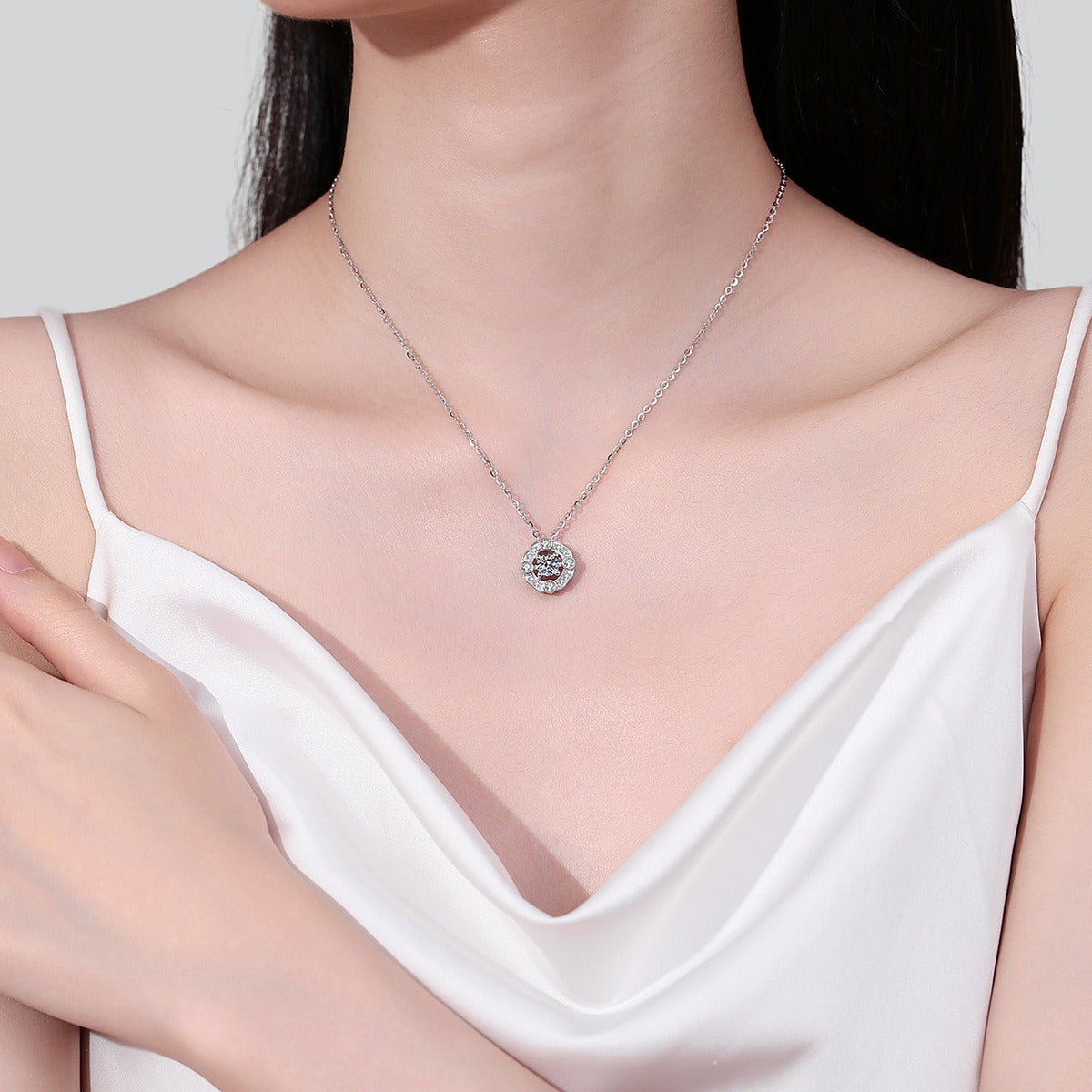 Round Halo Moissanite Pendant Necklace with CZ in Rhodium-Plated S925 sterling silver neckline model view showing pendant scale and chain length