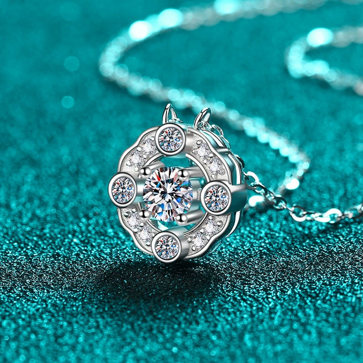 Round Halo Moissanite Pendant Necklace with CZ in Rhodium-Plated S925 sterling silver close-up product scene showing pendant setting