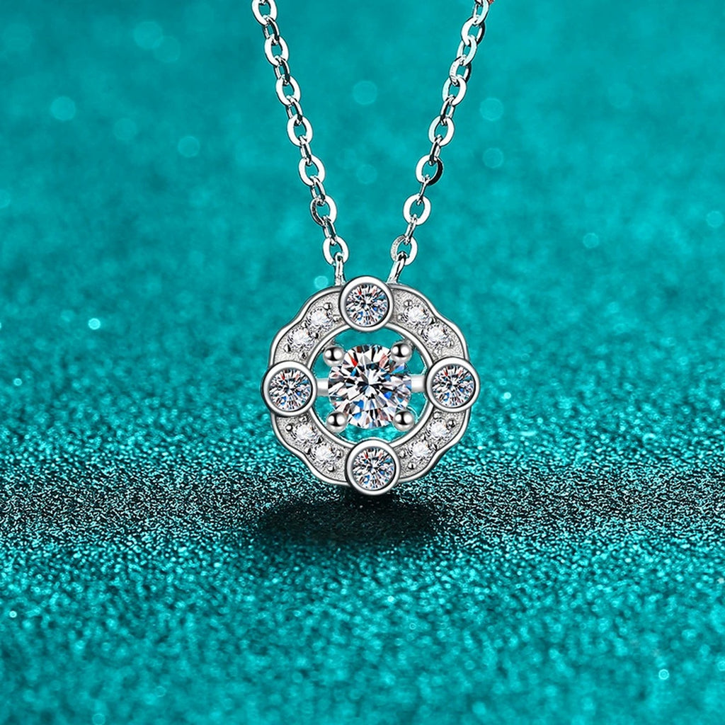 Round Halo Moissanite Pendant Necklace with CZ in Rhodium-Plated S925 sterling silver display scene showing chain and stone layout