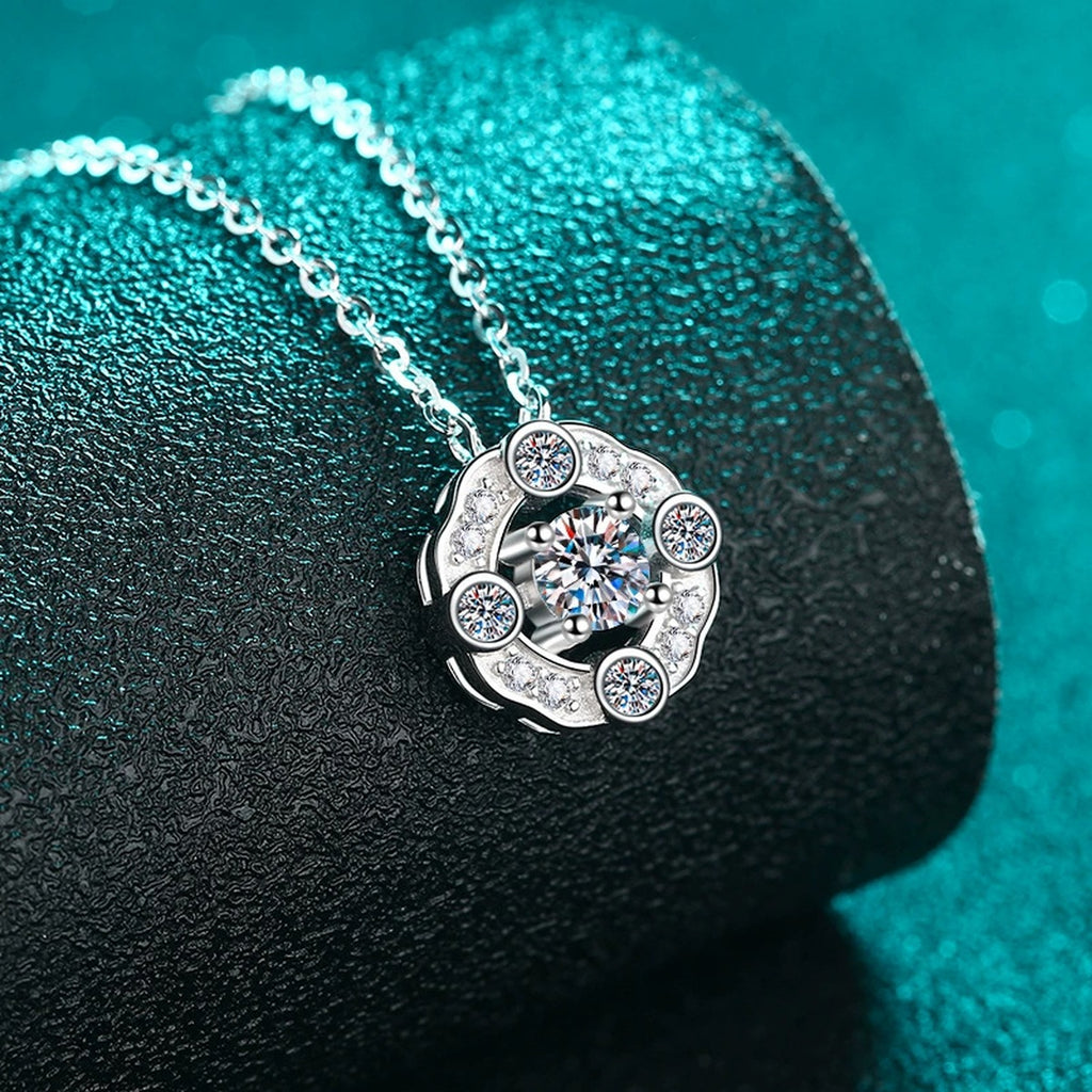 Round Halo Moissanite Pendant Necklace with CZ in Rhodium-Plated S925 sterling silver angled product detail view