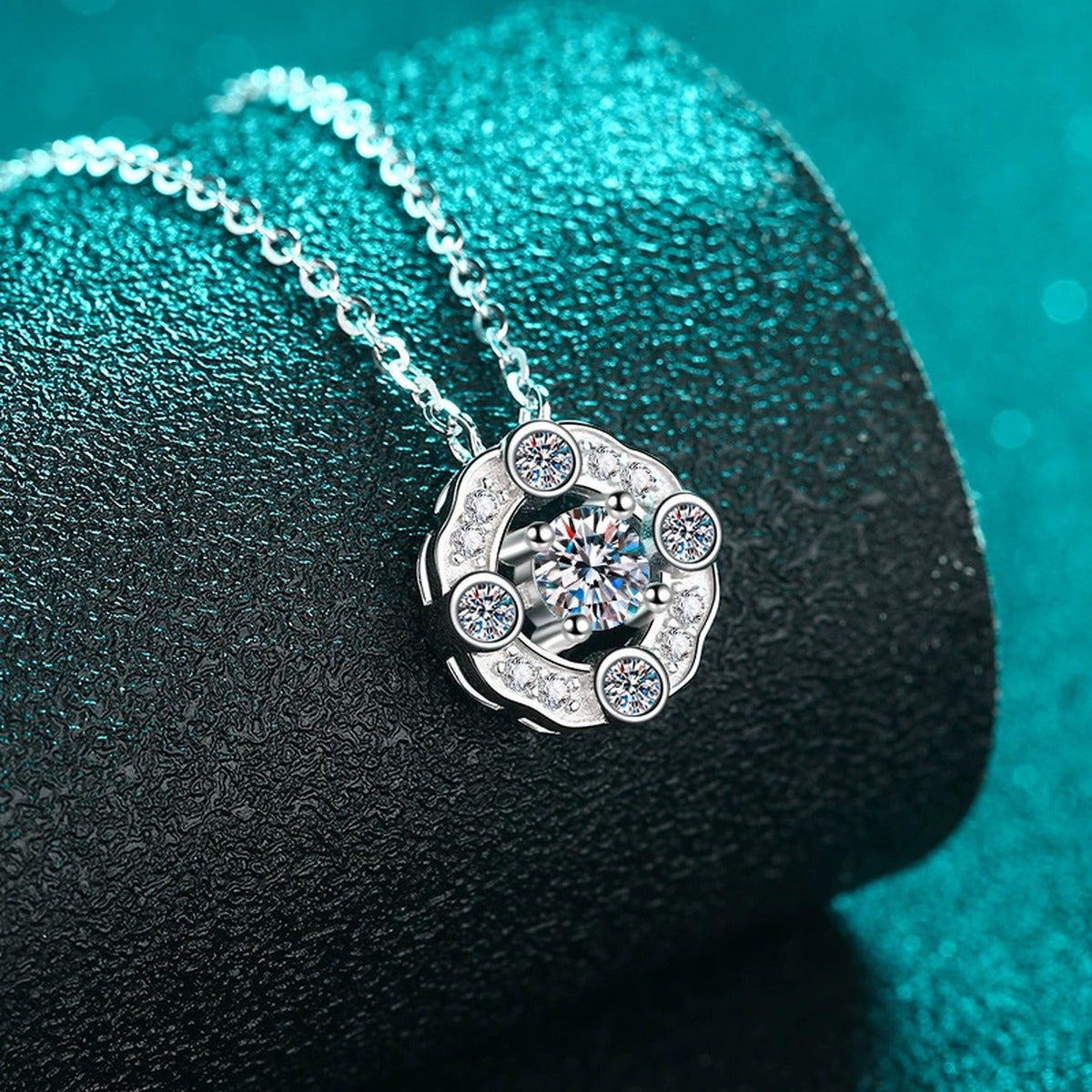 Round Halo Moissanite Pendant Necklace with CZ in Rhodium-Plated S925 sterling silver angled product detail view
