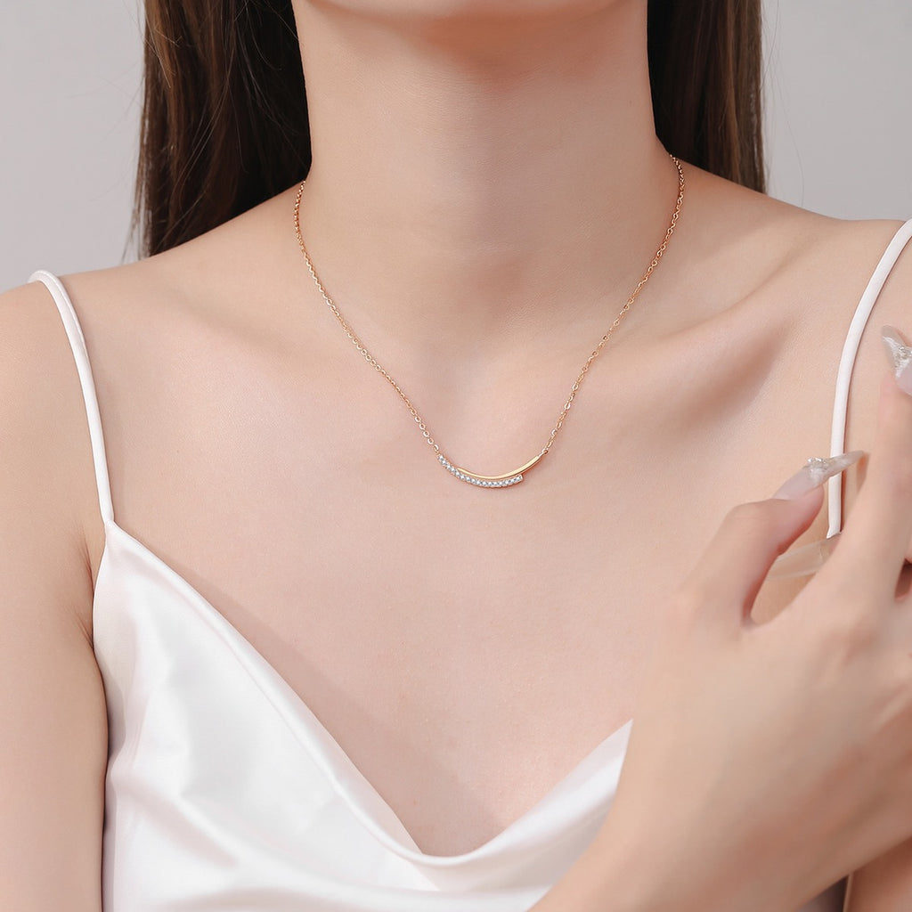 Smile Bar Moissanite Necklace in Champion Gold-Plated S925 sterling silver neckline model view showing pendant scale and chain length