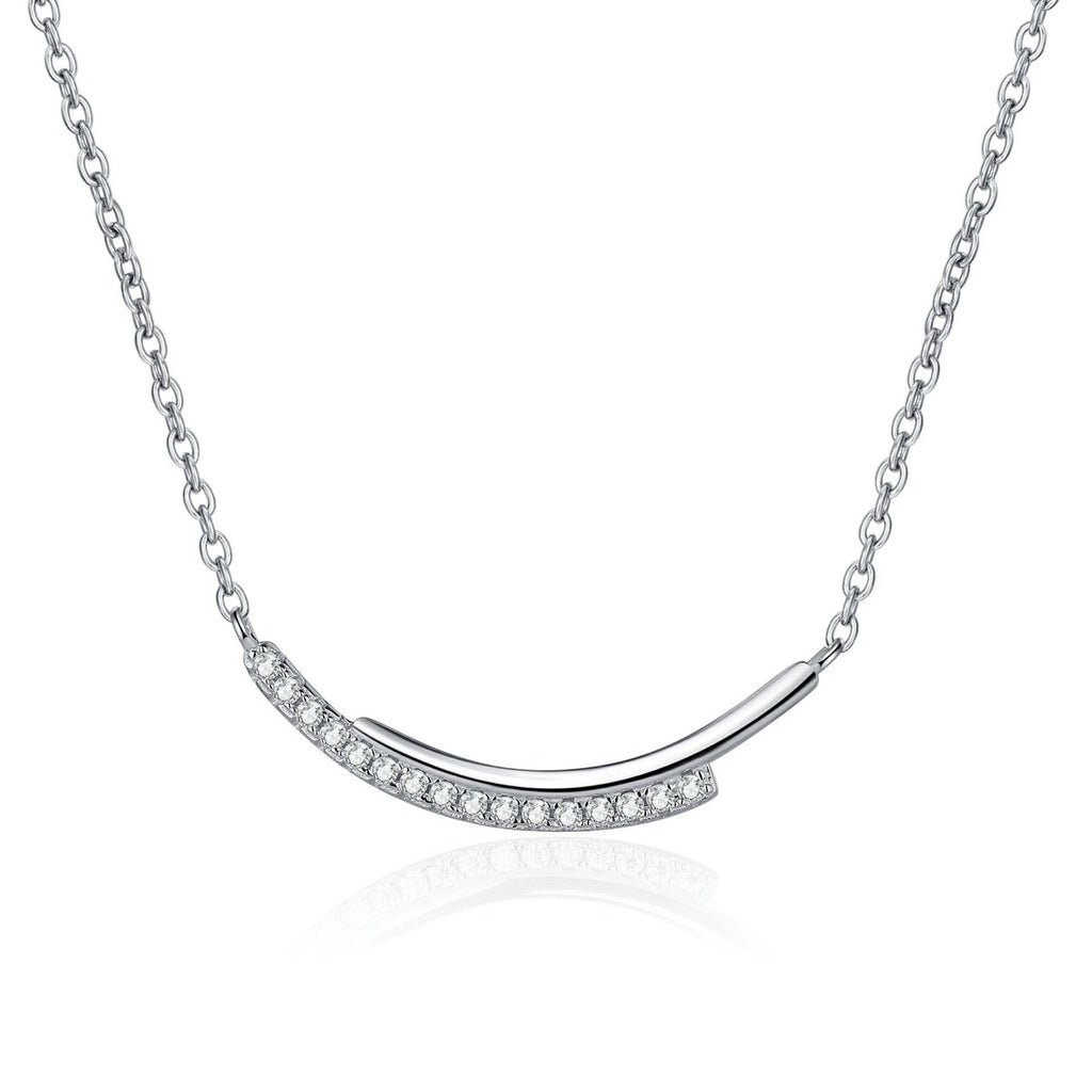 Smile Bar Moissanite Necklace in Rhodium-Plated S925 sterling silver white background product photo showing curved smile bar necklace with tiny round moissanite stones