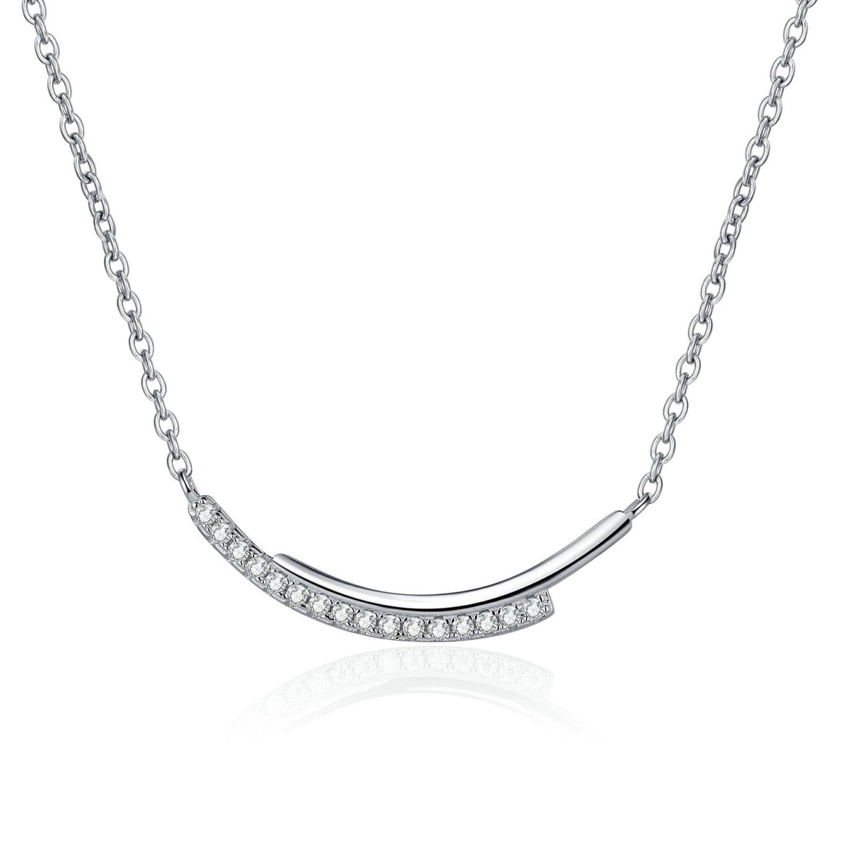 Smile Bar Moissanite Necklace in Rhodium-Plated S925 sterling silver white background product photo showing curved smile bar necklace with tiny round moissanite stones