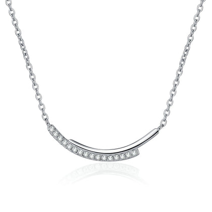Smile Bar Moissanite Necklace in Rhodium-Plated S925 sterling silver white background product photo showing curved smile bar necklace with tiny round moissanite stones