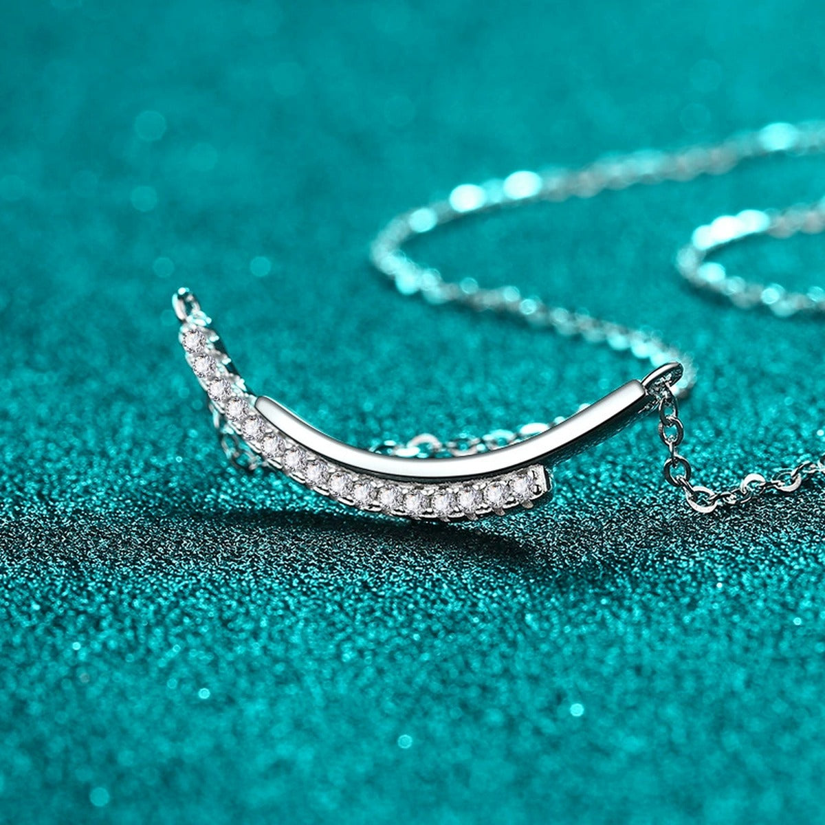 Smile Bar Moissanite Necklace in Rhodium-Plated S925 sterling silver close-up product scene showing pendant setting