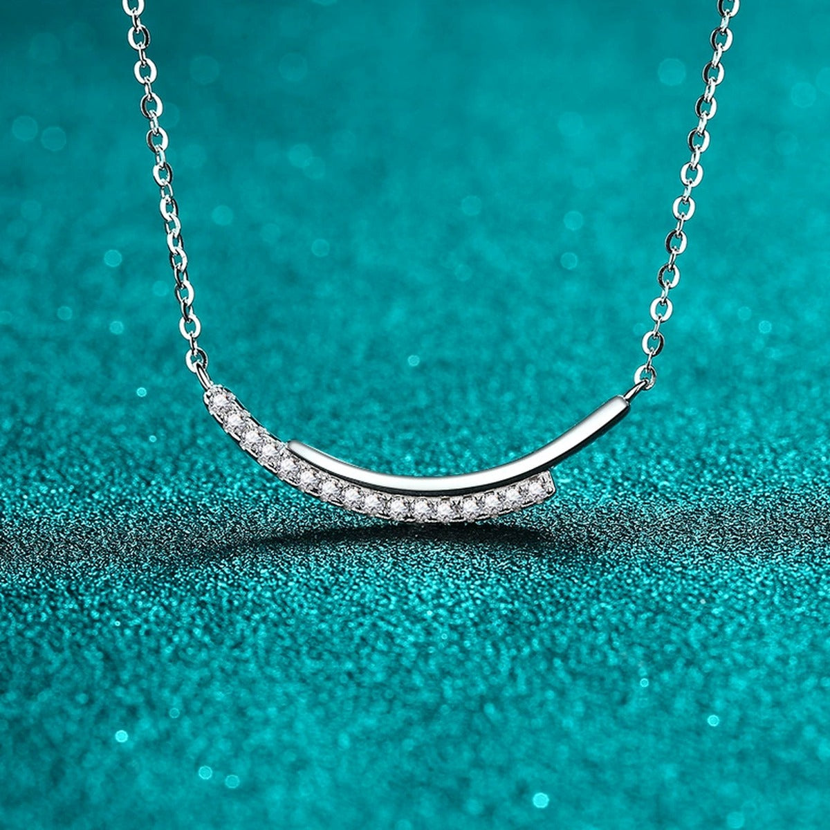 Smile Bar Moissanite Necklace in Rhodium-Plated S925 sterling silver blue display scene showing chain and stone layout