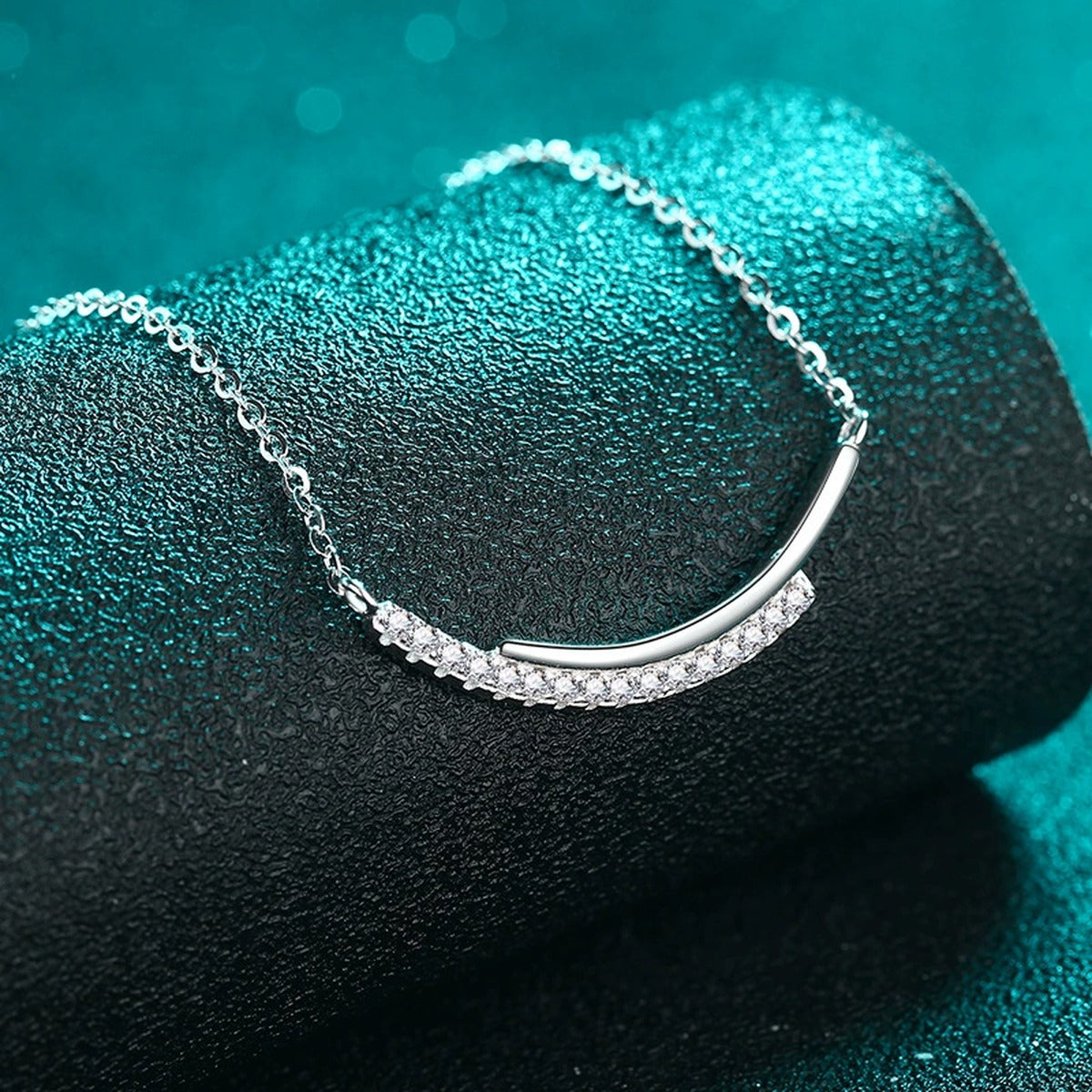 Smile Bar Moissanite Necklace in Rhodium-Plated S925 sterling silver angled product detail view