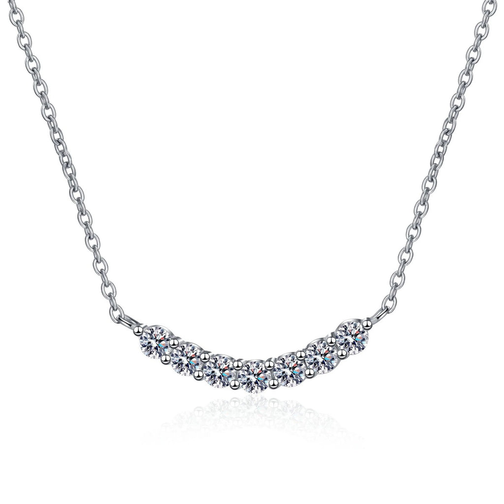 Curved Moissanite Bar Necklace in Rhodium-Plated S925 sterling silver white background product photo showing curved pave-style bar necklace with round moissanite stones