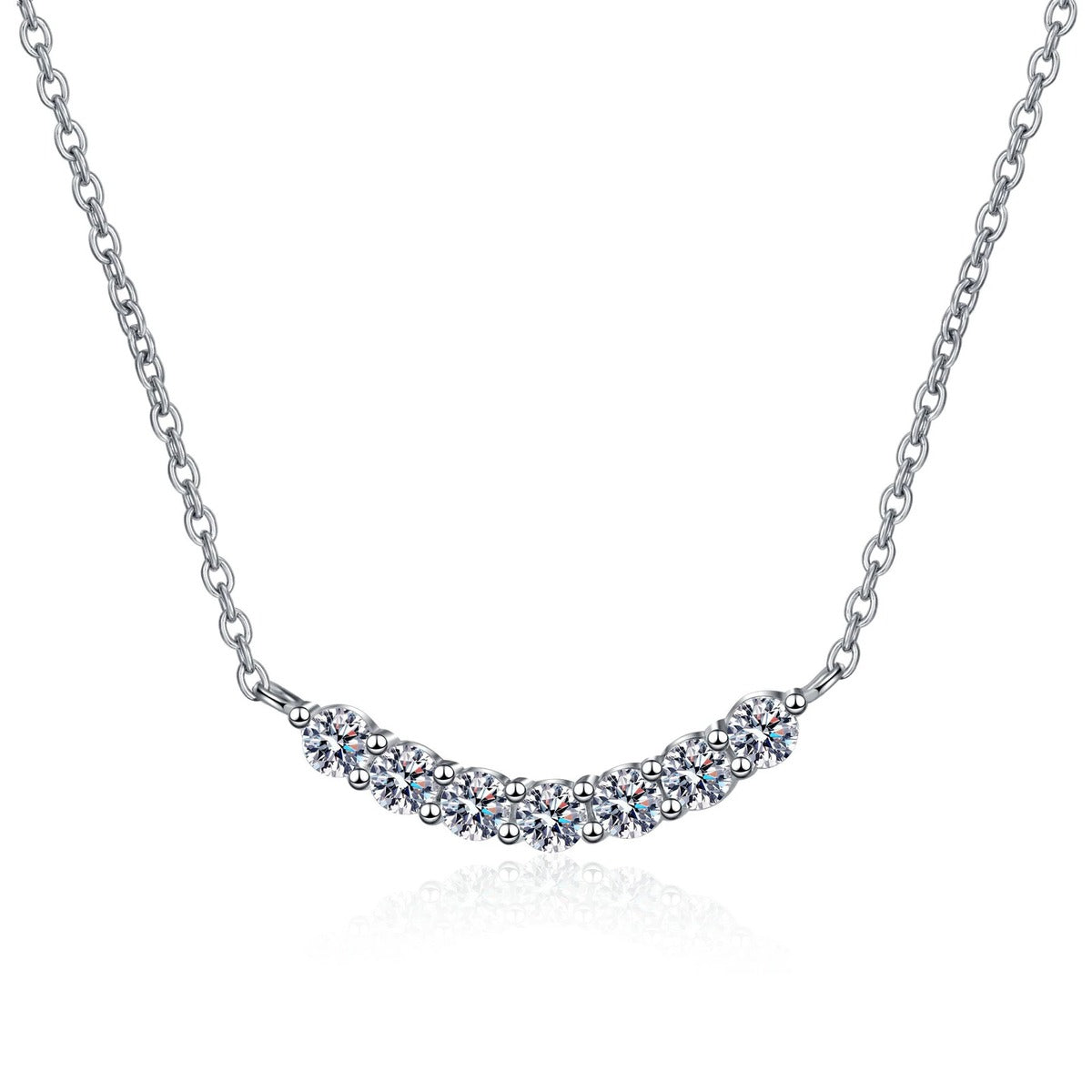 Curved Moissanite Bar Necklace in Rhodium-Plated S925 sterling silver white background product photo showing curved pave-style bar necklace with round moissanite stones