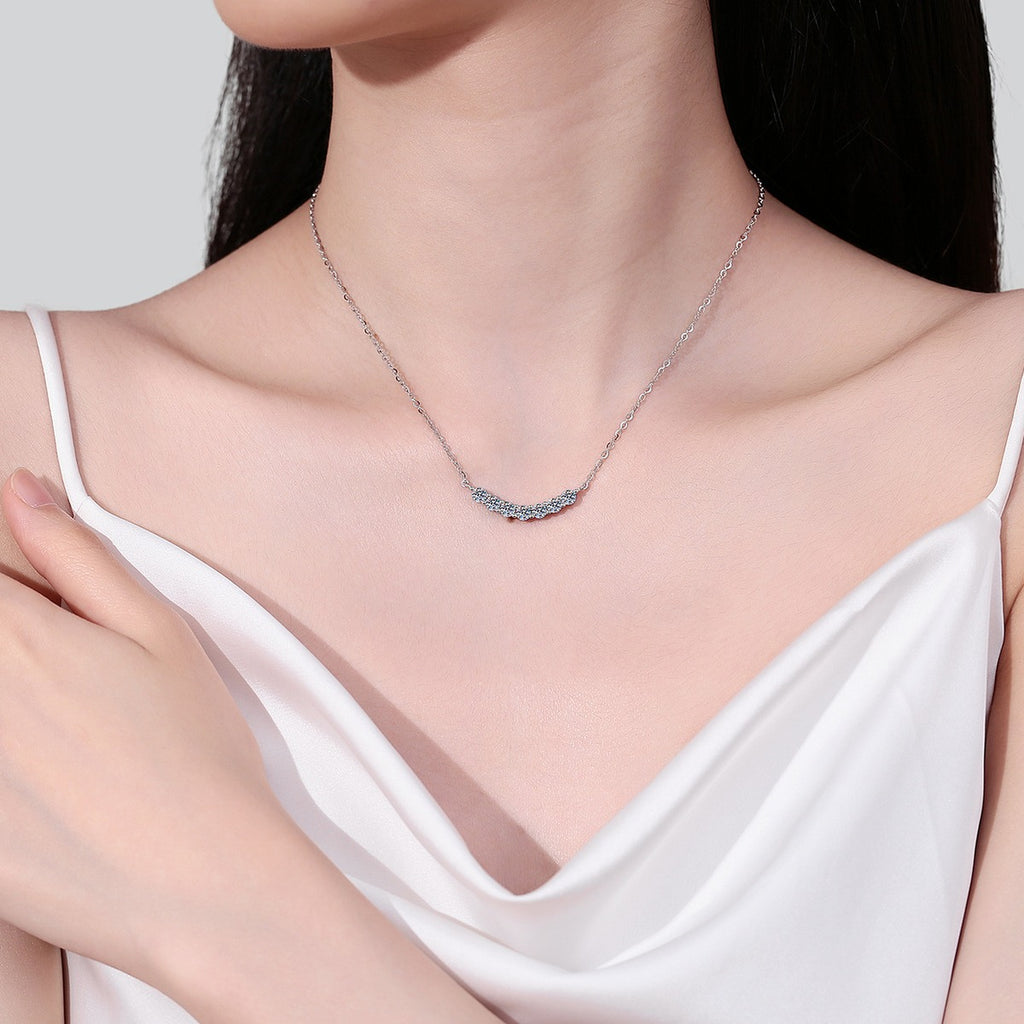Curved Moissanite Bar Necklace in Rhodium-Plated S925 sterling silver neckline model view showing pendant scale and chain length