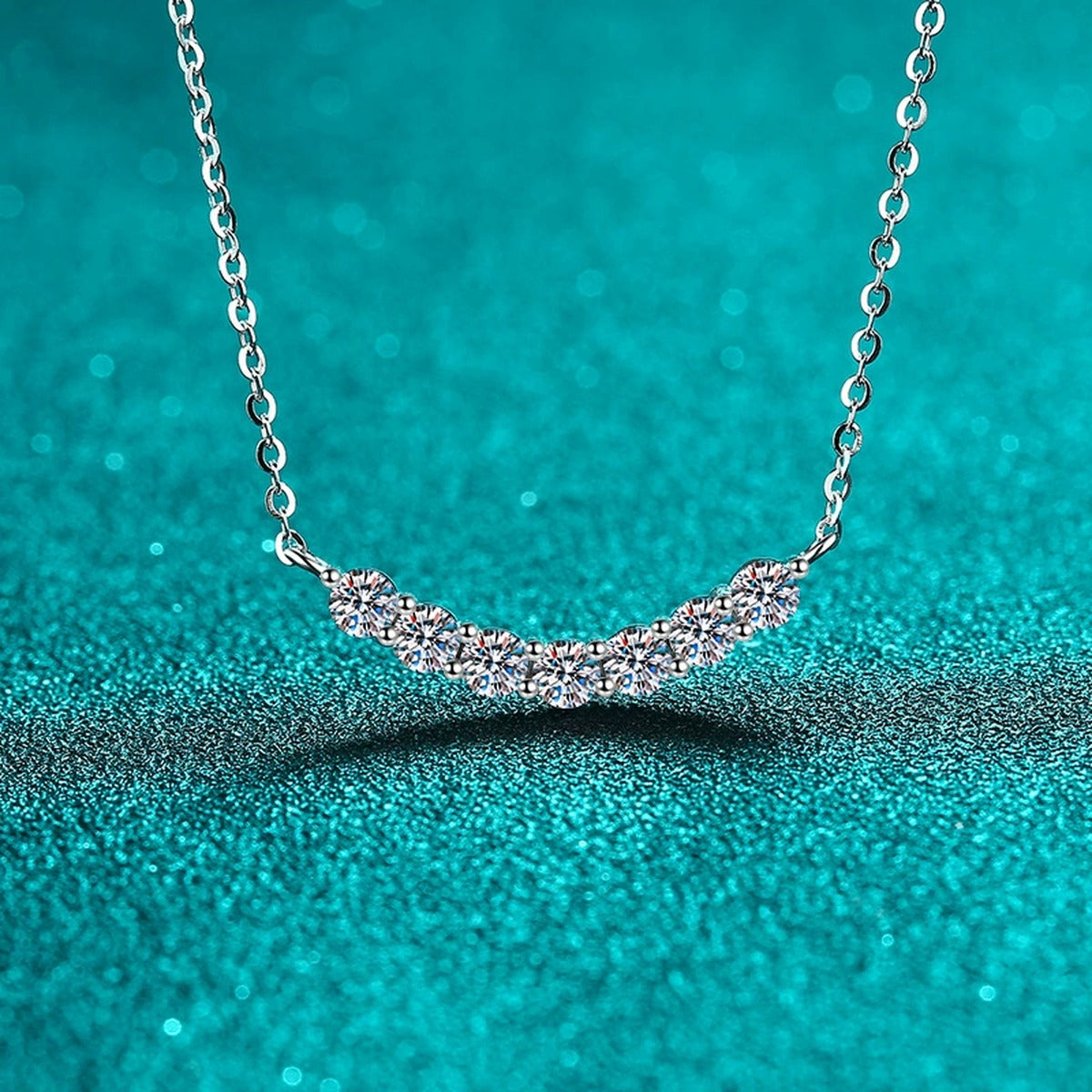 Curved Moissanite Bar Necklace in Rhodium-Plated S925 sterling silver display scene showing chain and stone layout