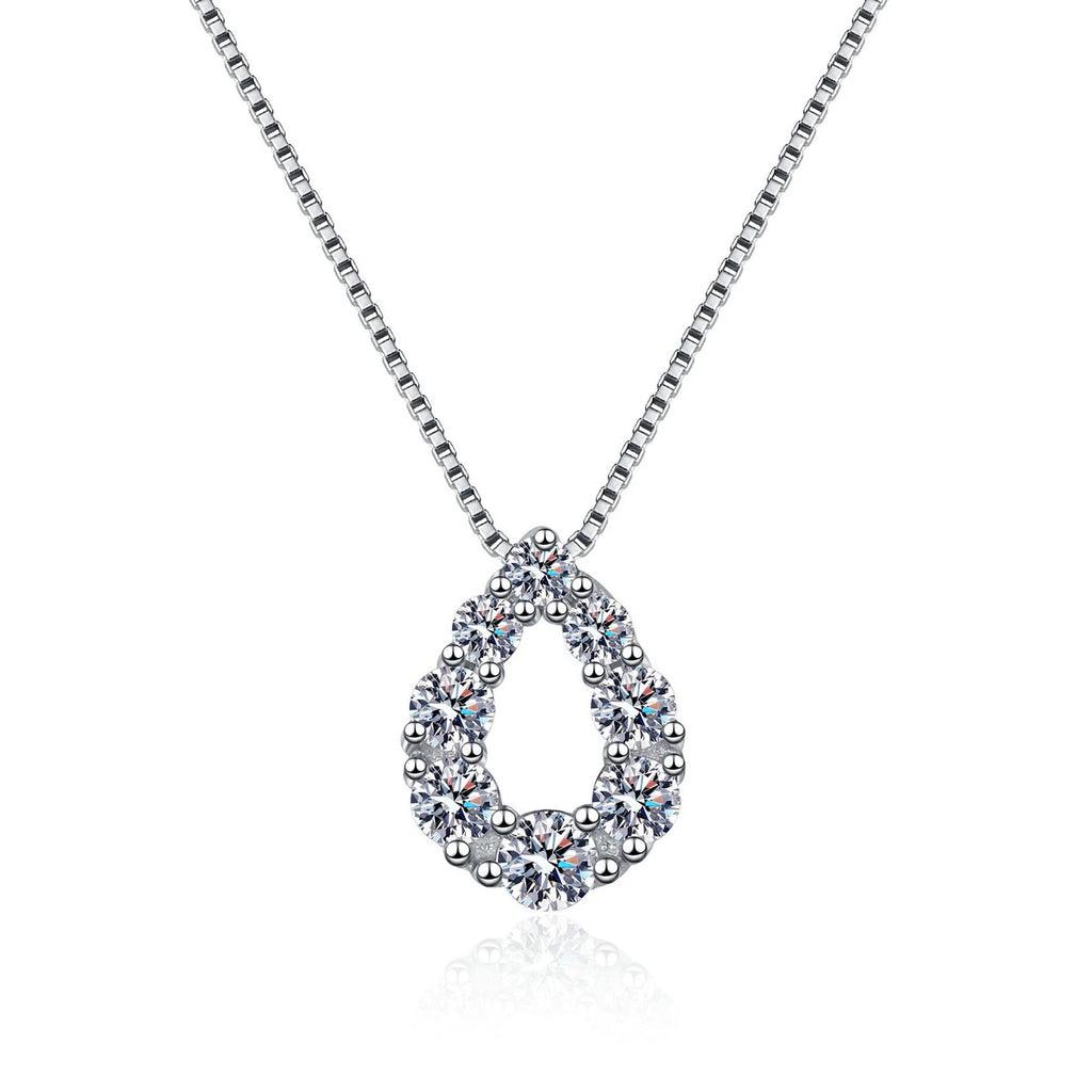 Teardrop Moissanite Pendant Necklace in Rhodium-Plated S925 sterling silver white background product photo showing open teardrop pendant with graduated round moissanite stones