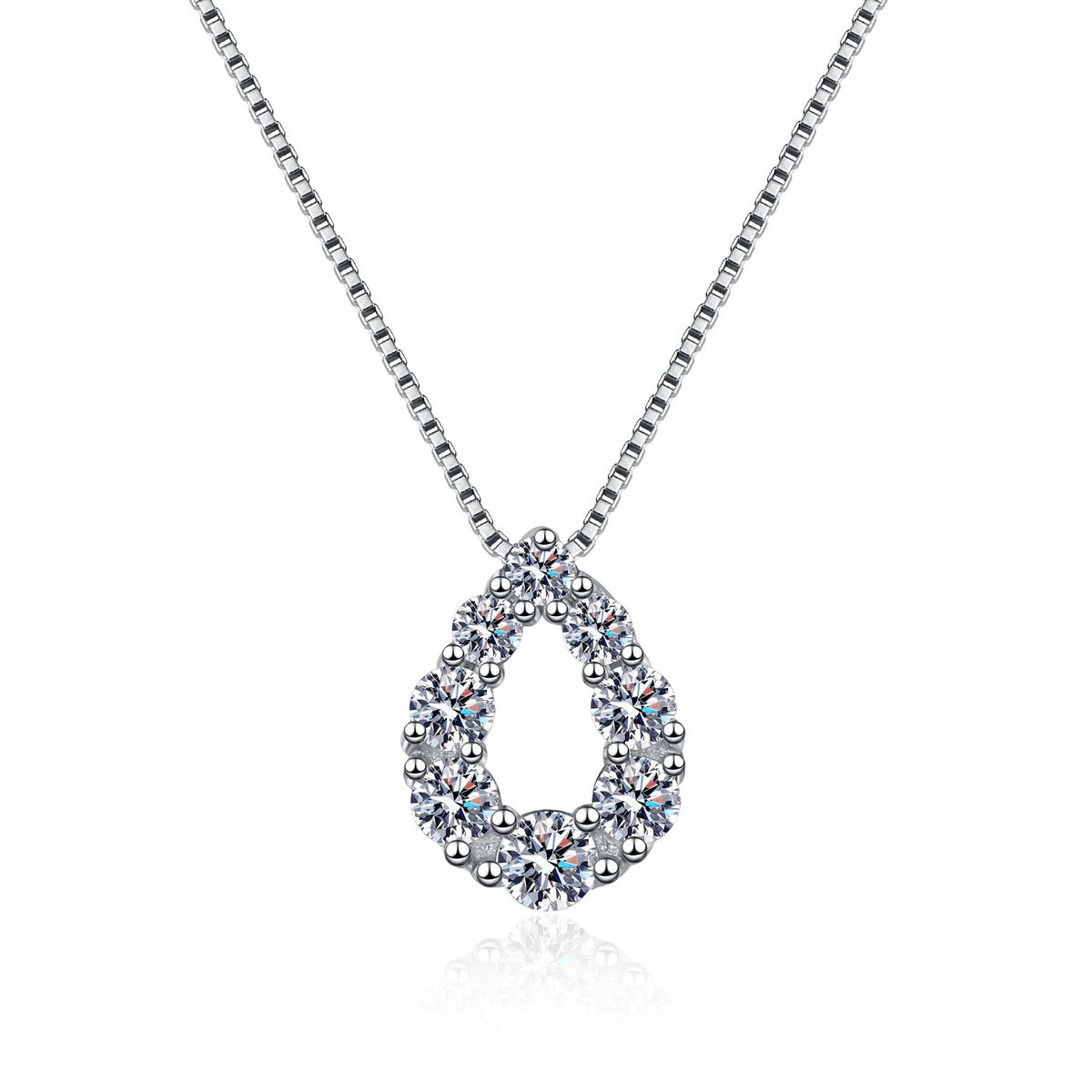 Teardrop Moissanite Pendant Necklace in Rhodium-Plated S925 sterling silver white background product photo showing open teardrop pendant with graduated round moissanite stones
