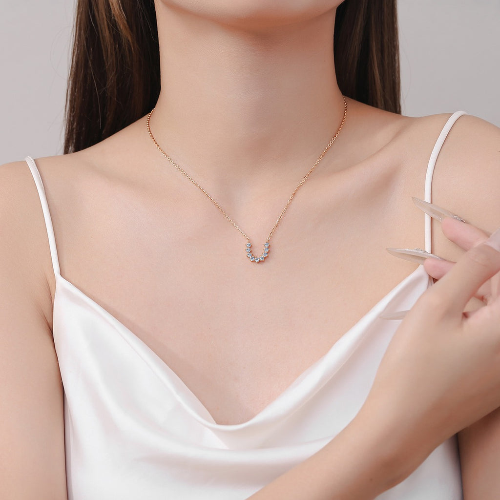 U-Shaped Moissanite Necklace in Champion Gold-Plated S925 sterling silver neckline model view showing pendant scale and chain length