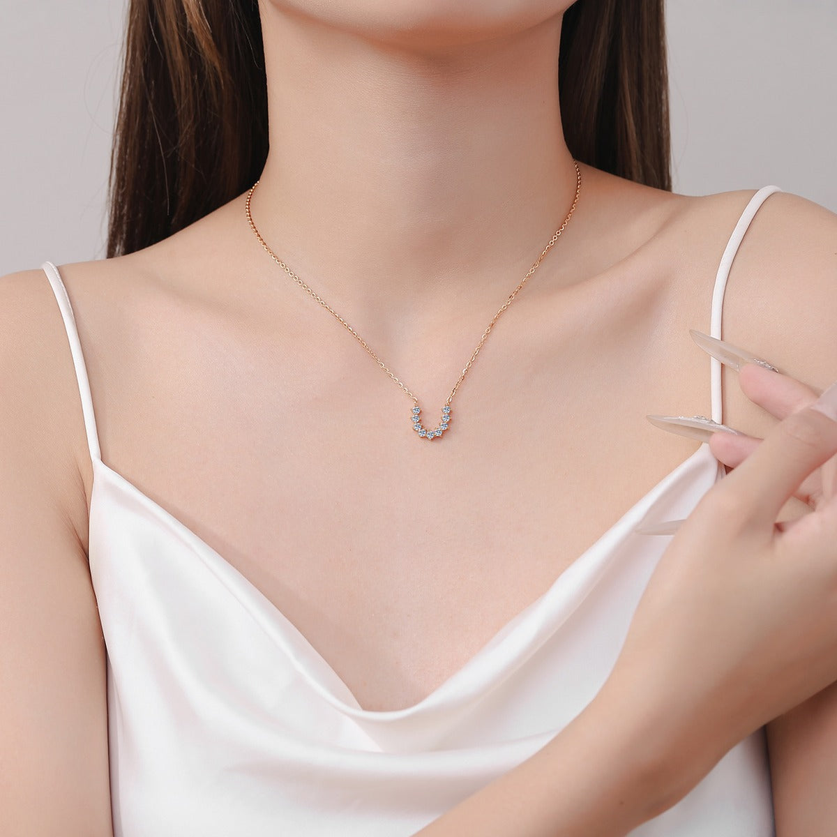 U-Shaped Moissanite Necklace in Champion Gold-Plated S925 sterling silver neckline model view showing pendant scale and chain length