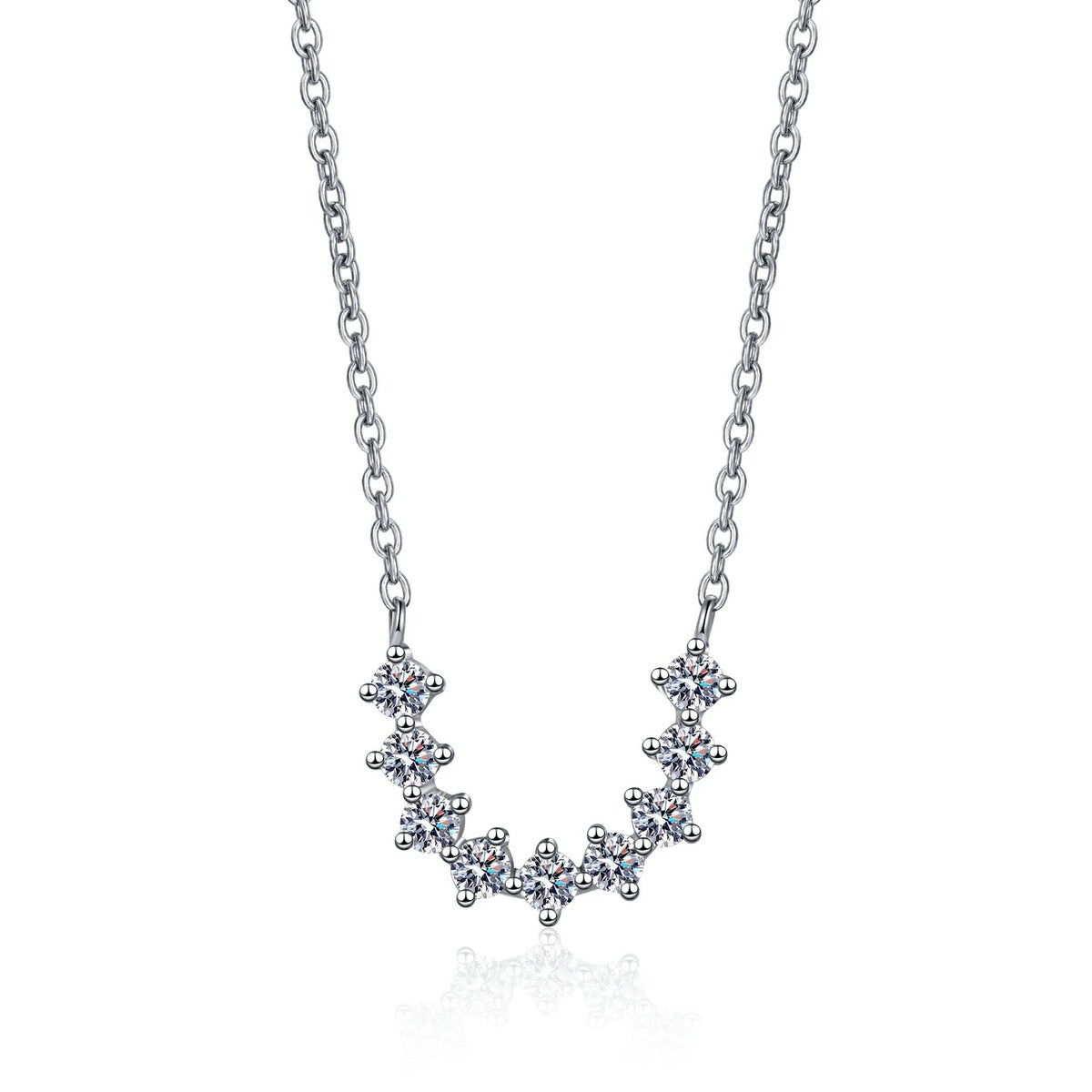 U-Shaped Moissanite Necklace in Rhodium-Plated S925 sterling silver white background product photo showing U-shaped necklace with small round moissanite stations
