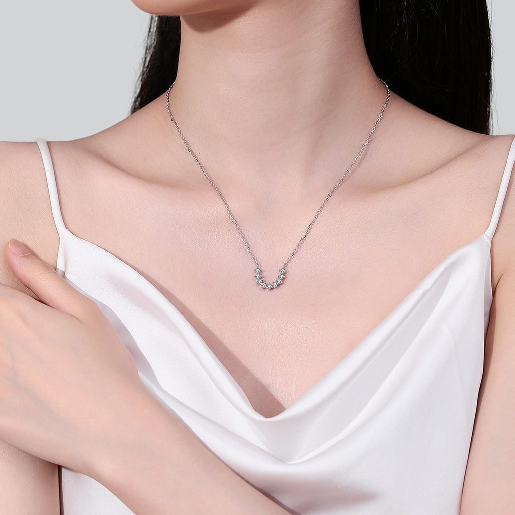 U-Shaped Moissanite Necklace in Rhodium-Plated S925 sterling silver neckline model view showing pendant scale and chain length