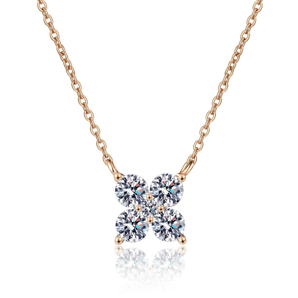 Clover Round Moissanite Necklace in Champion Gold-Plated S925 sterling silver white background product photo showing clover pendant with round moissanite stones in champion gold plating