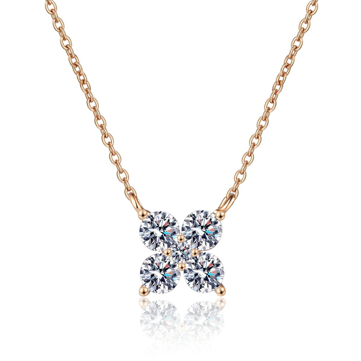 Clover Round Moissanite Necklace in Champion Gold-Plated S925 sterling silver white background product photo showing clover pendant with round moissanite stones in champion gold plating