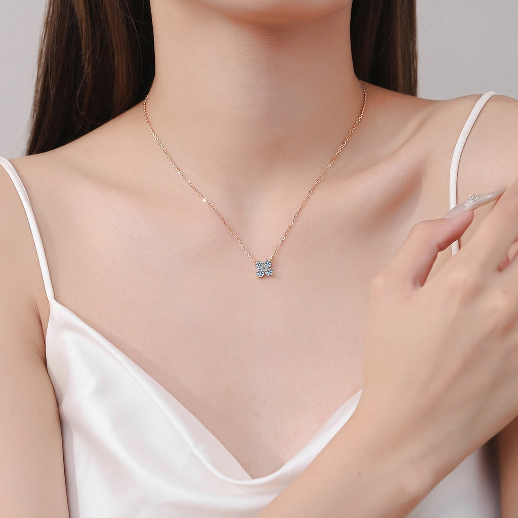 Clover Round Moissanite Necklace in Champion Gold-Plated S925 sterling silver neckline model view showing pendant scale and adjustable chain