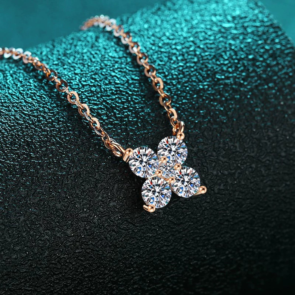 Clover Round Moissanite Necklace in Champion Gold-Plated S925 sterling silver blue display scene showing chain and stone layout