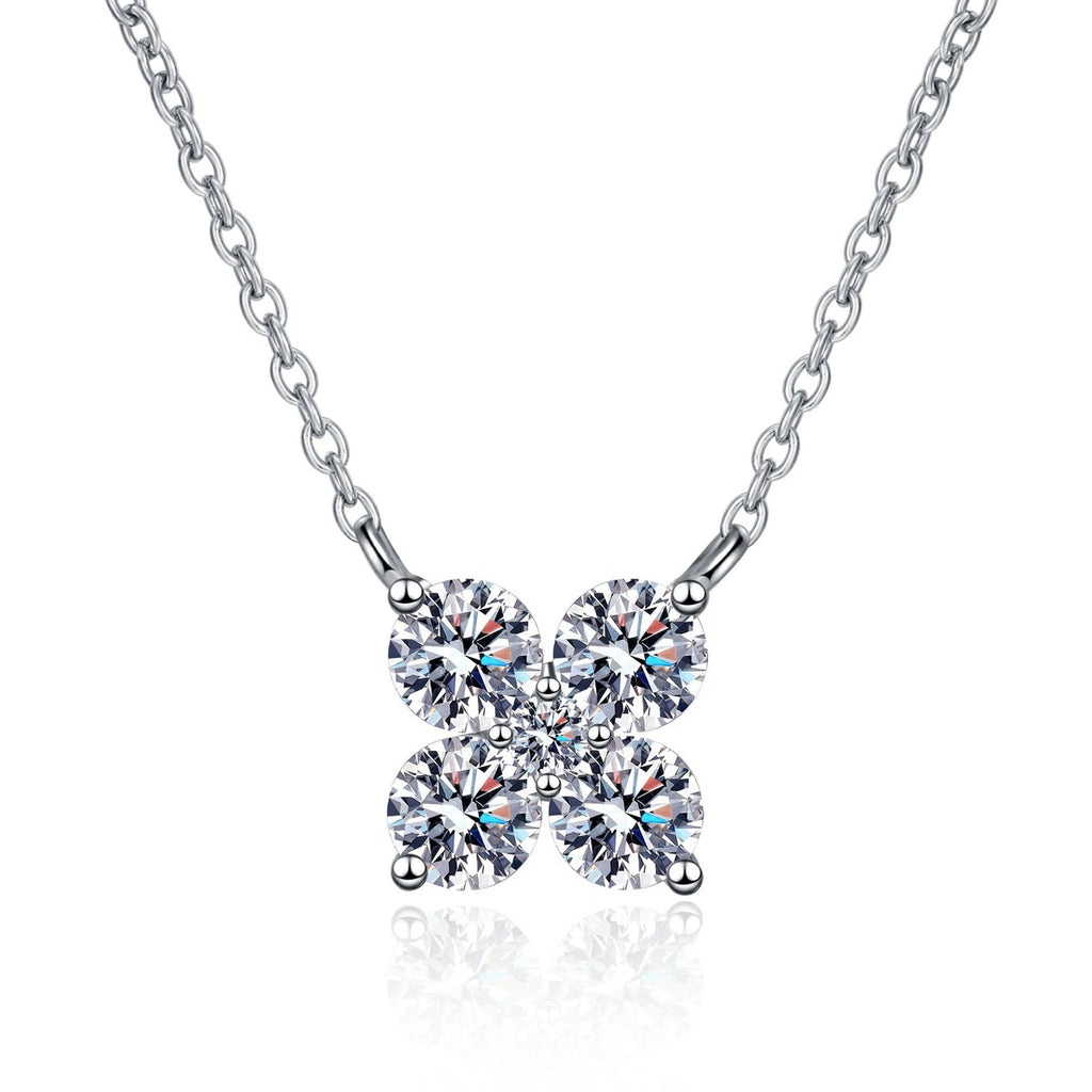 Clover Round Moissanite Necklace in Rhodium-Plated S925 sterling silver white background product photo showing clover pendant with round moissanite stones in rhodium plating