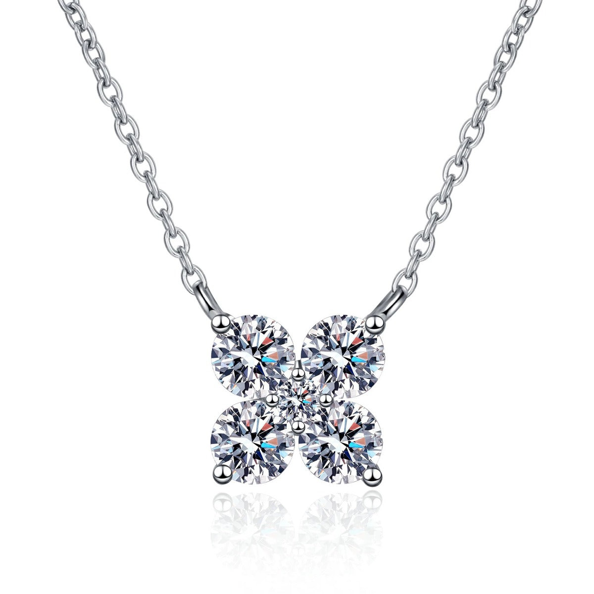 Clover Round Moissanite Necklace in Rhodium-Plated S925 sterling silver white background product photo showing clover pendant with round moissanite stones in rhodium plating