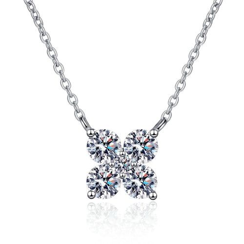 Clover Round Moissanite Necklace in Rhodium-Plated S925 sterling silver white background product photo showing clover pendant with round moissanite stones in rhodium plating