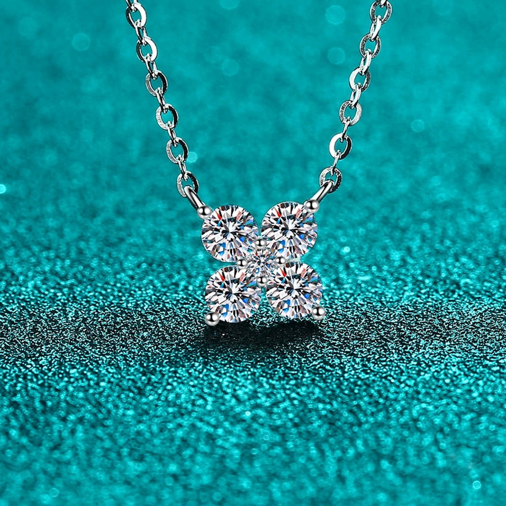 Clover Round Moissanite Necklace in Rhodium-Plated S925 sterling silver angled product detail view