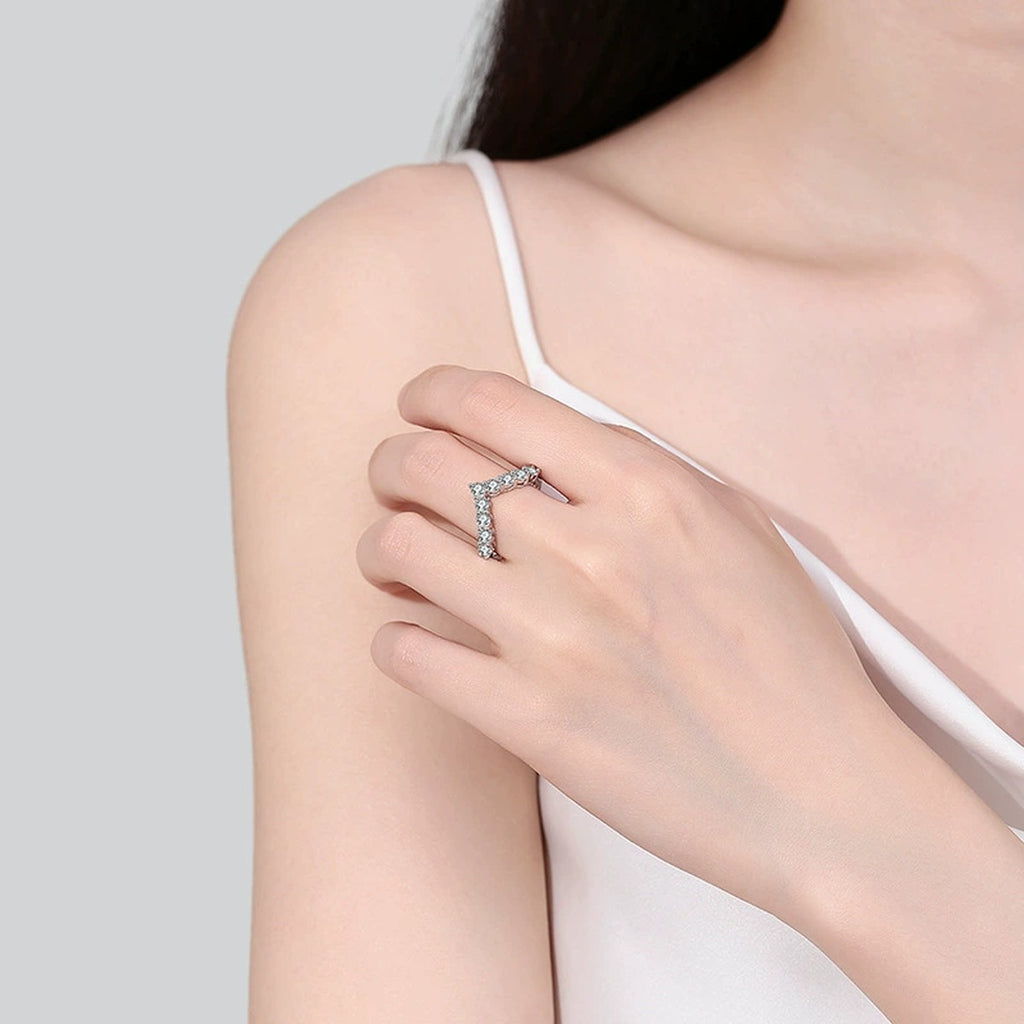 Chevron Moissanite Stackable Ring worn on hand to show scale, band width, and ring profile
