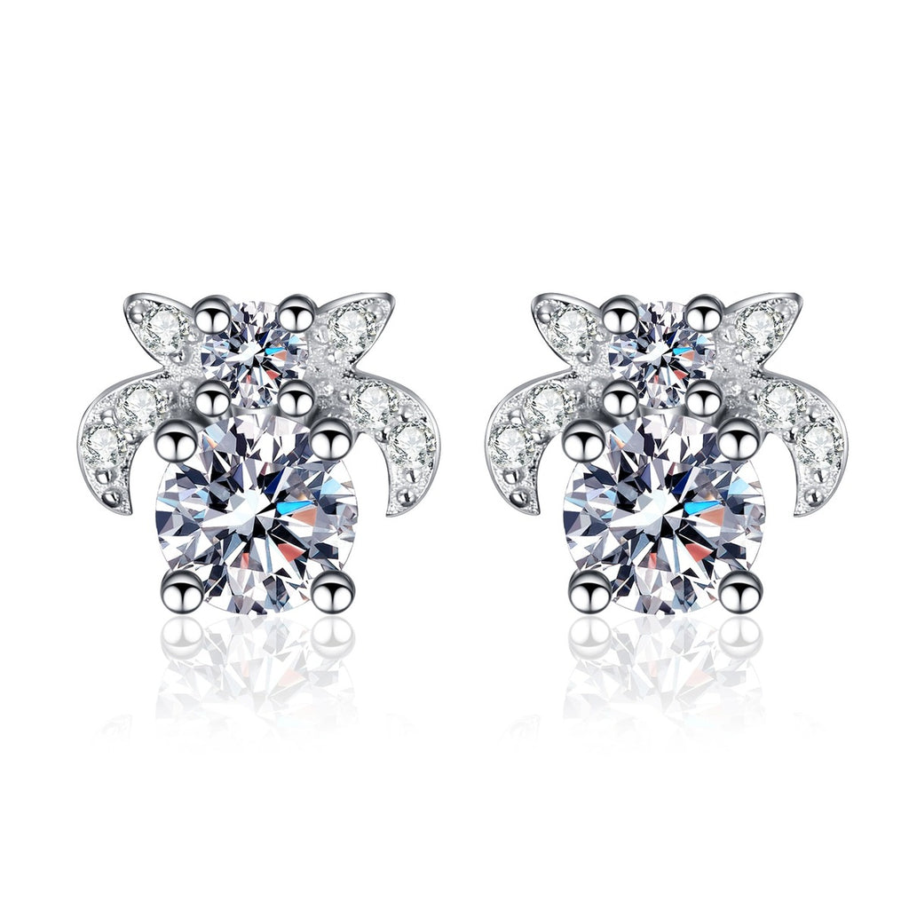 Floral Moissanite Stud Earrings with CZ in Rhodium-Plated S925 sterling silver white background product photo showing the pair, stone shape, and stud earrings silhouette