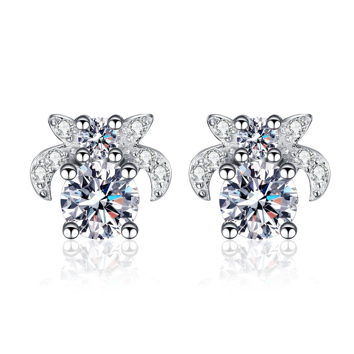 Floral Moissanite Stud Earrings with CZ in Rhodium-Plated S925 sterling silver white background product photo showing the pair, stone shape, and stud earrings silhouette