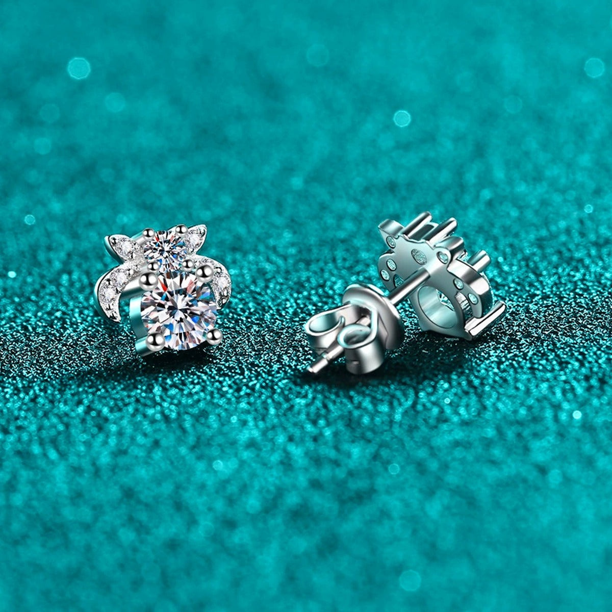Floral Moissanite Stud Earrings with CZ in Rhodium-Plated S925 sterling silver product scene view showing front sparkle