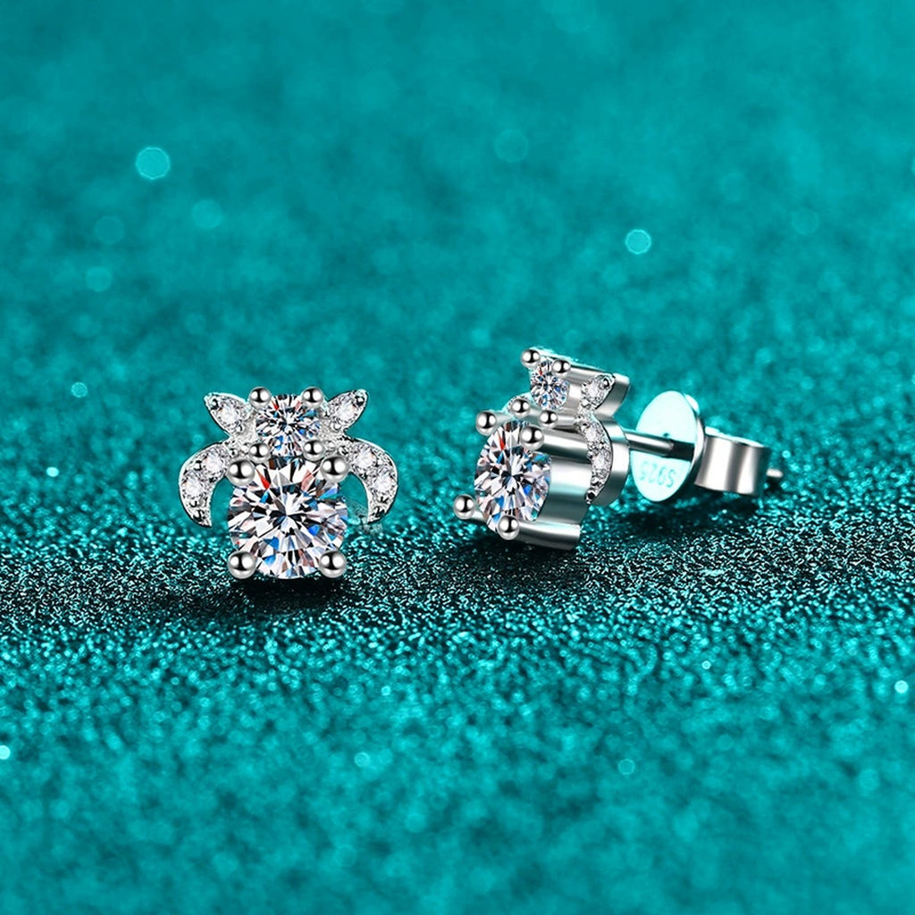 Floral Moissanite Stud Earrings with CZ in Rhodium-Plated S925 sterling silver product scene view showing angled setting detail