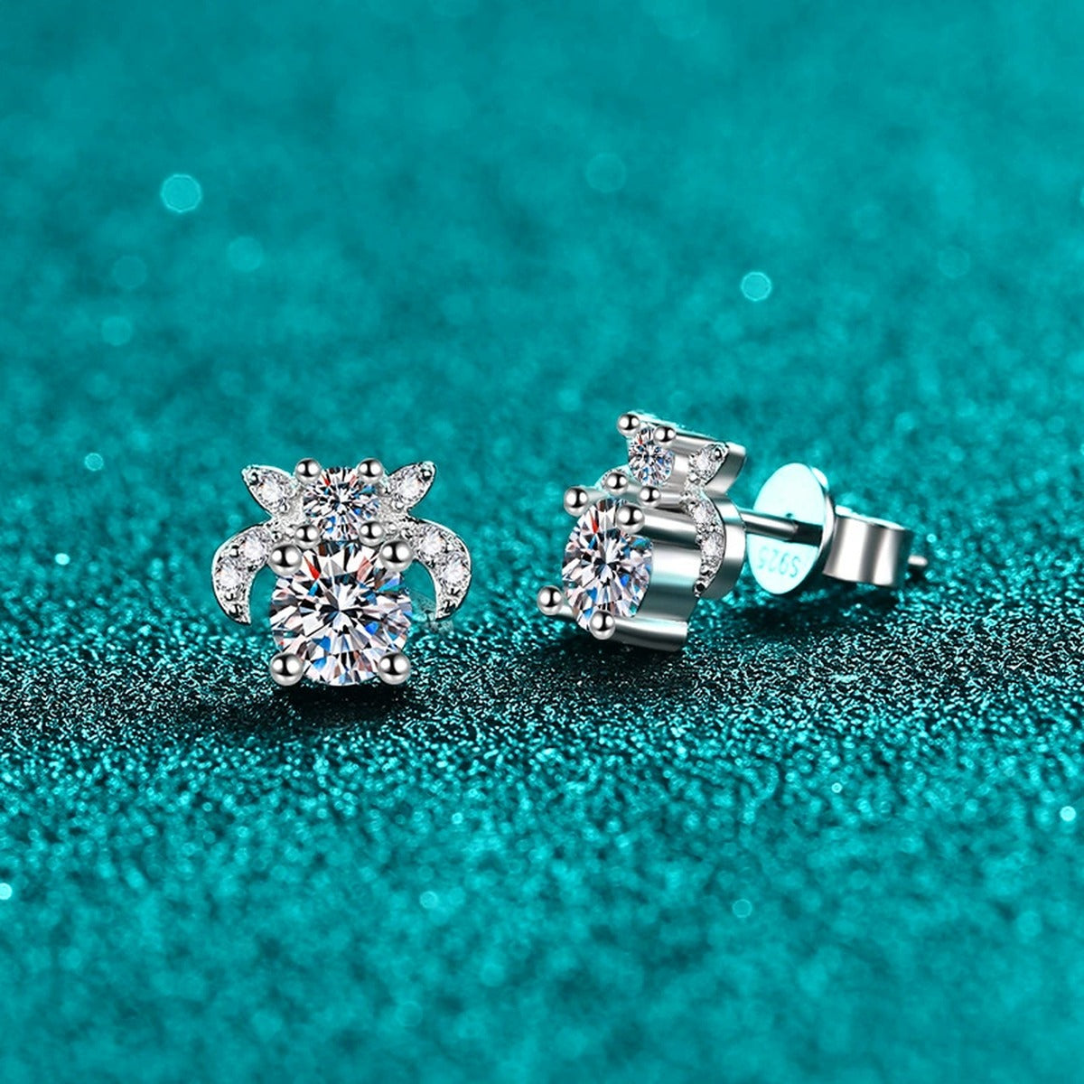 Floral Moissanite Stud Earrings with CZ in Rhodium-Plated S925 sterling silver product scene view showing angled setting detail