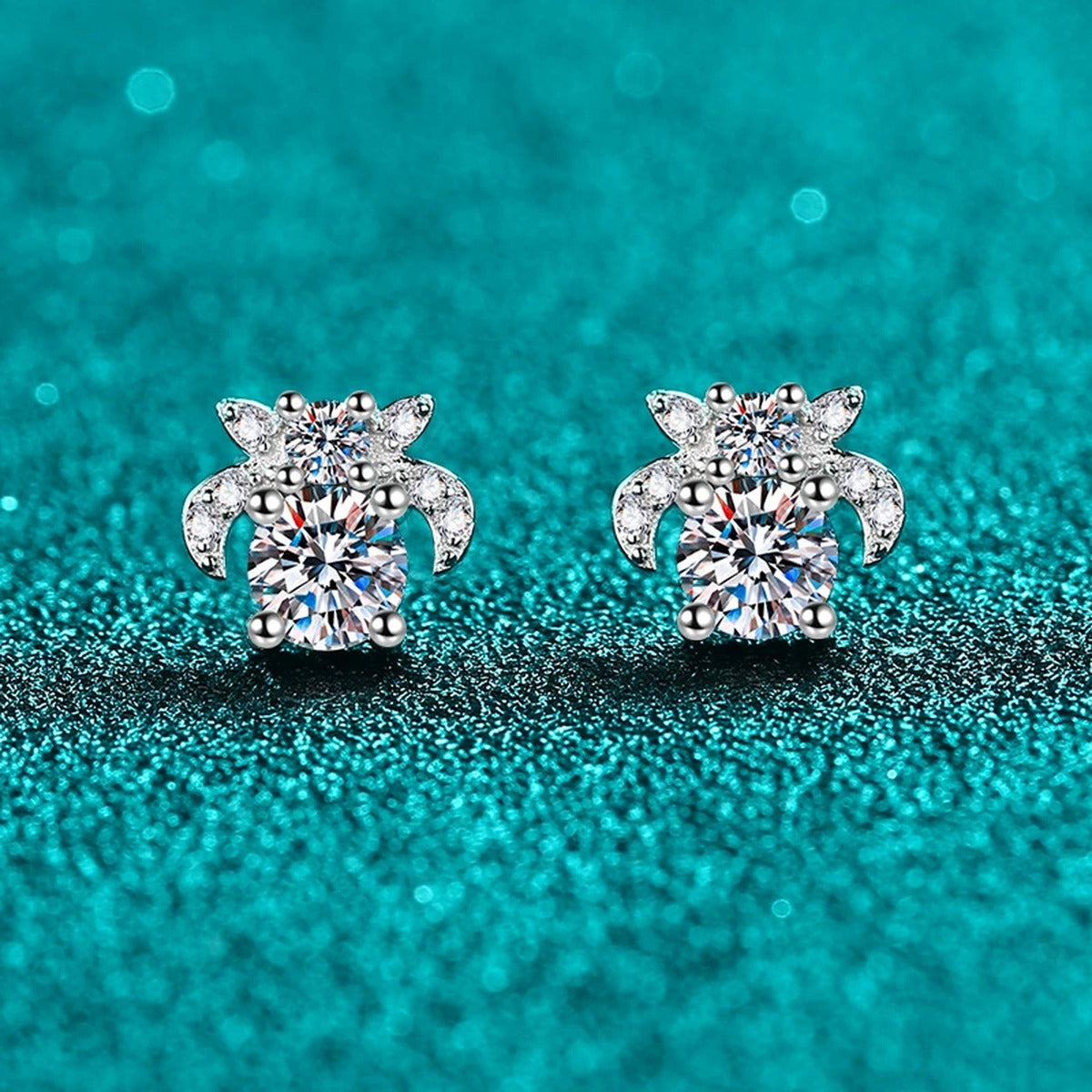 Floral Moissanite Stud Earrings with CZ in Rhodium-Plated S925 sterling silver product scene view showing side profile